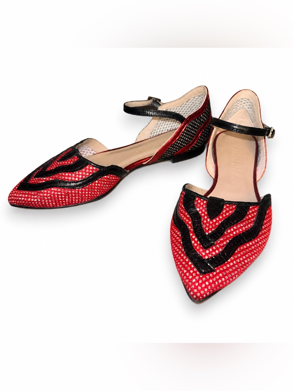 Dream Walkers Spain Red Mesh Pointed Toe Flats Ankle Strap Size 39